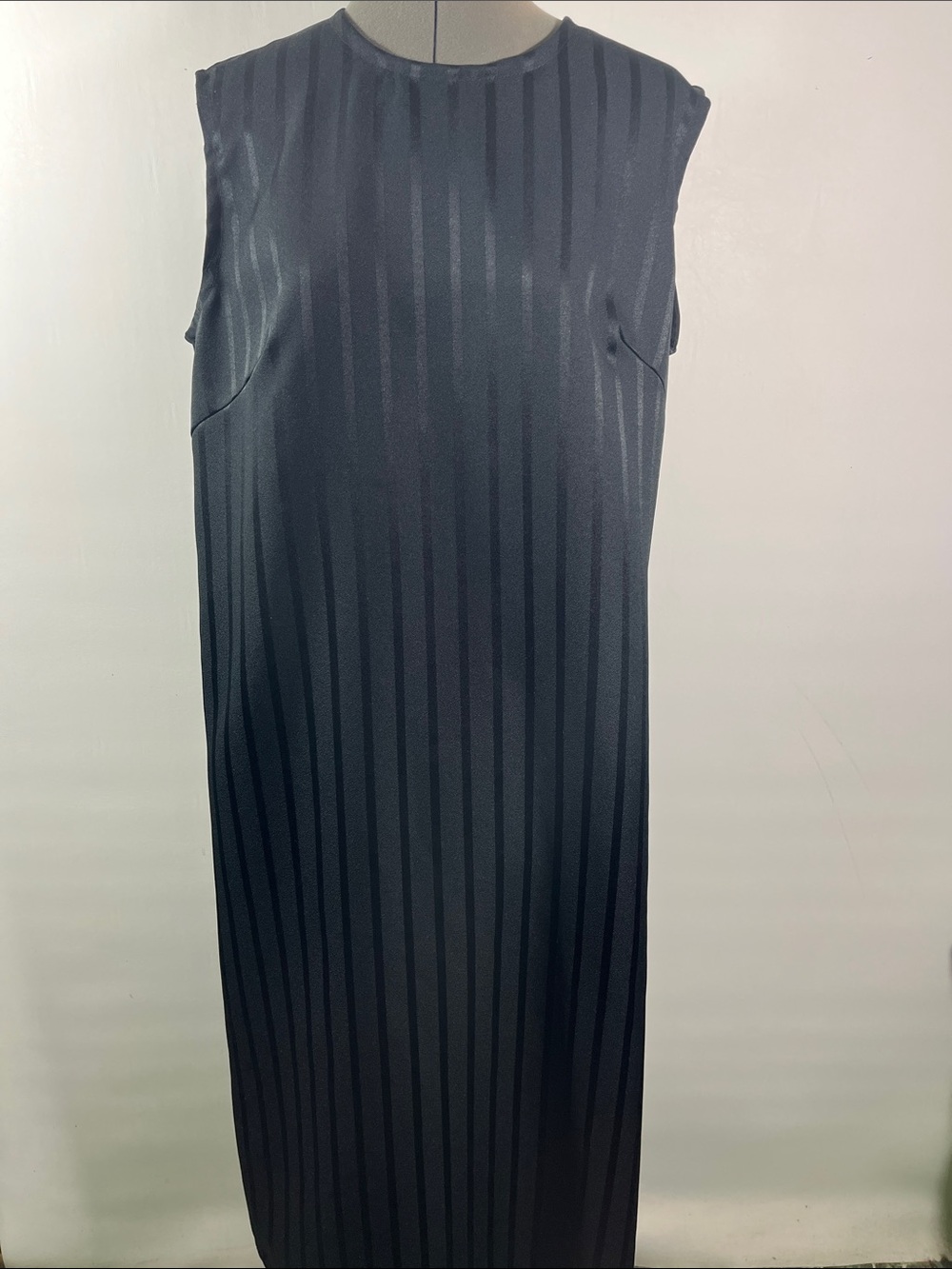 Sleeveless Midi Home Make Dress w Vertical Stripes Throughout Straight Shift